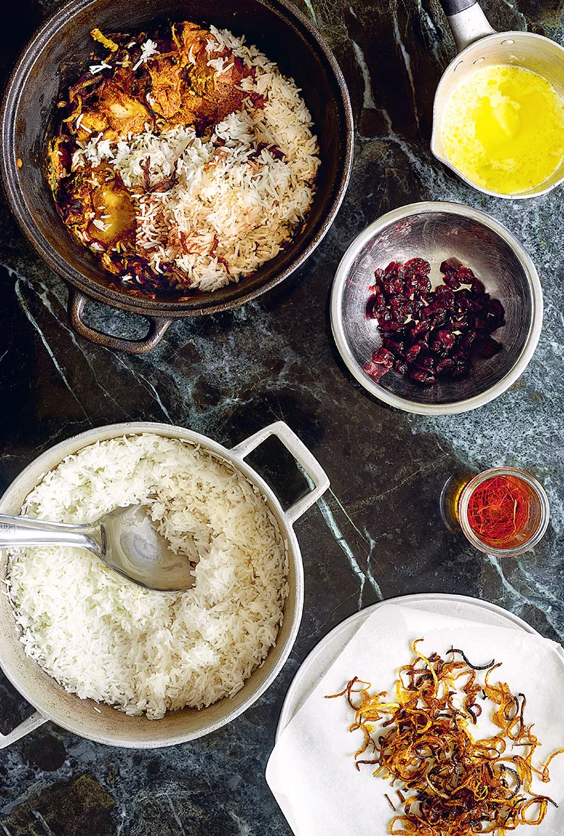Biryani, basmati rice, saffron and fried onions prepared for layering